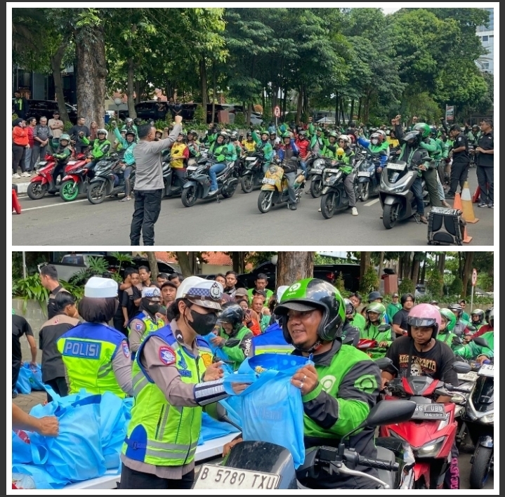 Jumat Peduli, Polda Metro Jaya Salurkan 350 Paket Sembako untuk Pengemudi Ojol